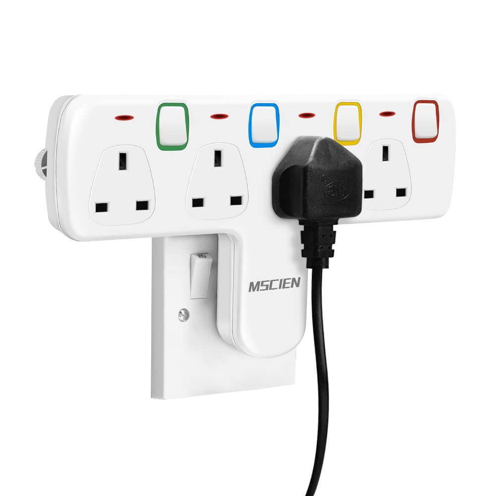 Mscien Plug Extension Socket, Multi Plug Adaptor 4 Way with Individual Switches, Adapter plug UK Turn 1 into 4, Wall Socket Plug Extender without