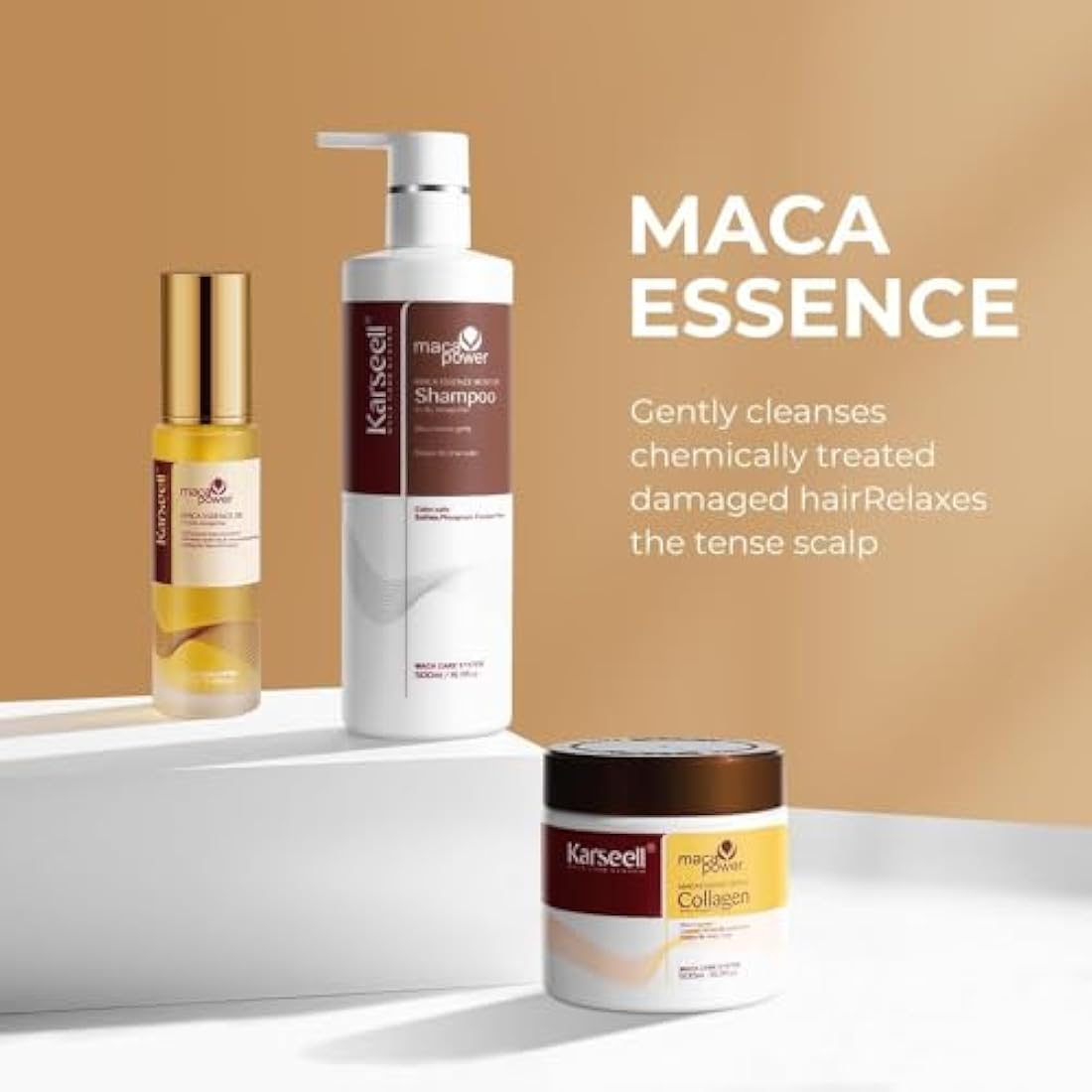 Karseell Maca Essence Moisturizing Repair Set: Collagen Hair Mask 500ml, Shampoo 500ml & Maca Essence Oil 50ml - Argan Oil Treatment for Dry Damaged Hair, All Types