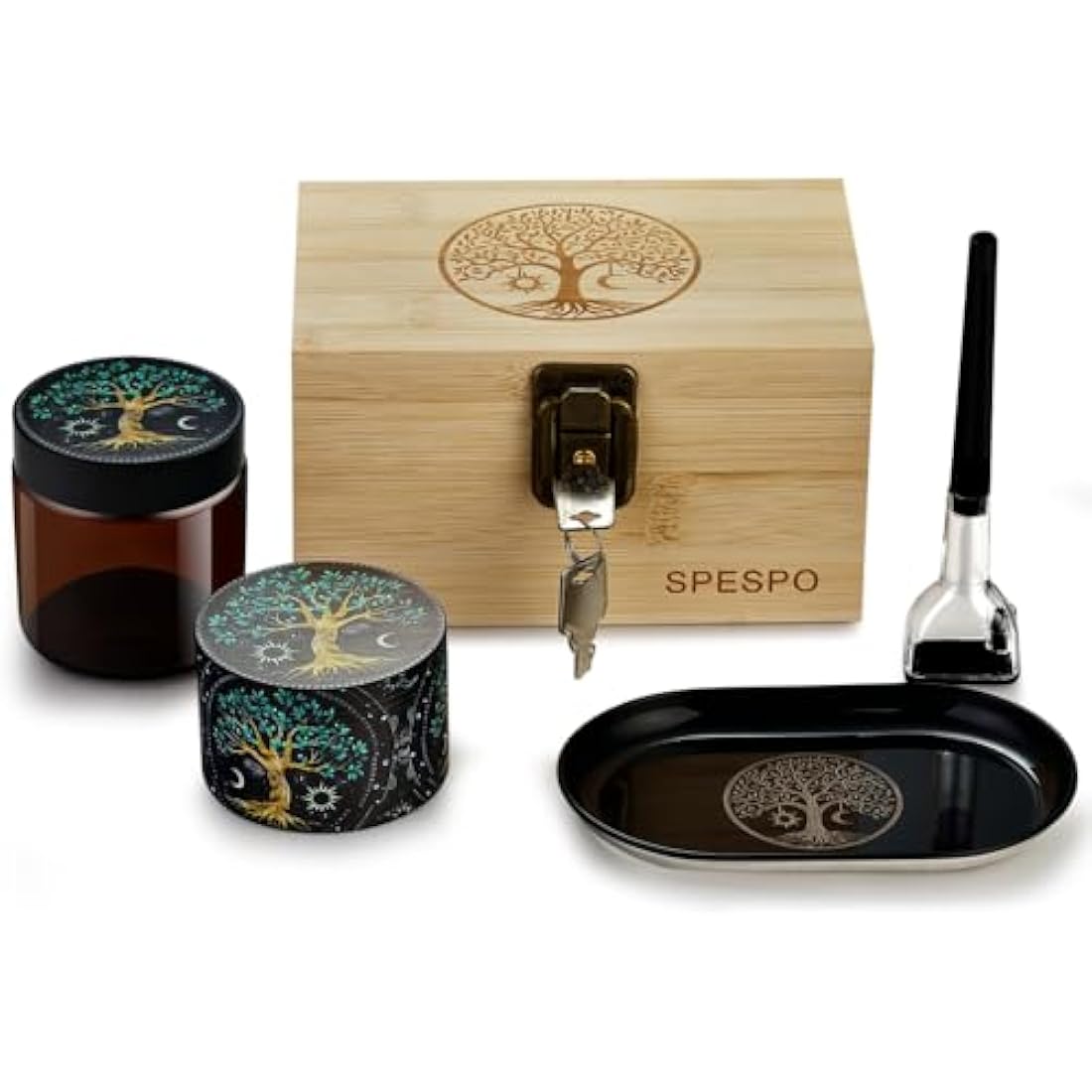 Spespo Grinder Set, Includes 2.5 inch Herb Grinder, Rolling Tray, Storage Jar&Rolling Stick, Lockable Bamboo Box Gift Set for Men Women