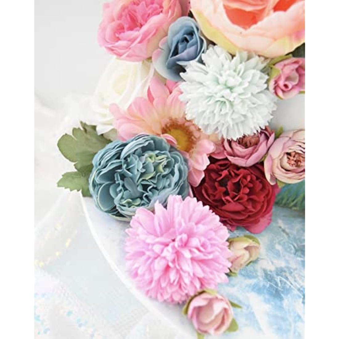The Baked Studio - Silk Peony and Tea Rose Artificial Bouquet 9 Heads Realistic Fake Plant for DIY Craft Cake Living Room Home Wedding Decoration (Blue)