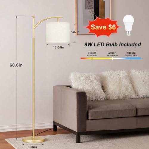 Aooshine Floor Lamps for Living Room with 3 Color Temperatures, Adjustable Tall Standing Lamp with Off White Shade and Gold lamp Hole(Bulb Included)