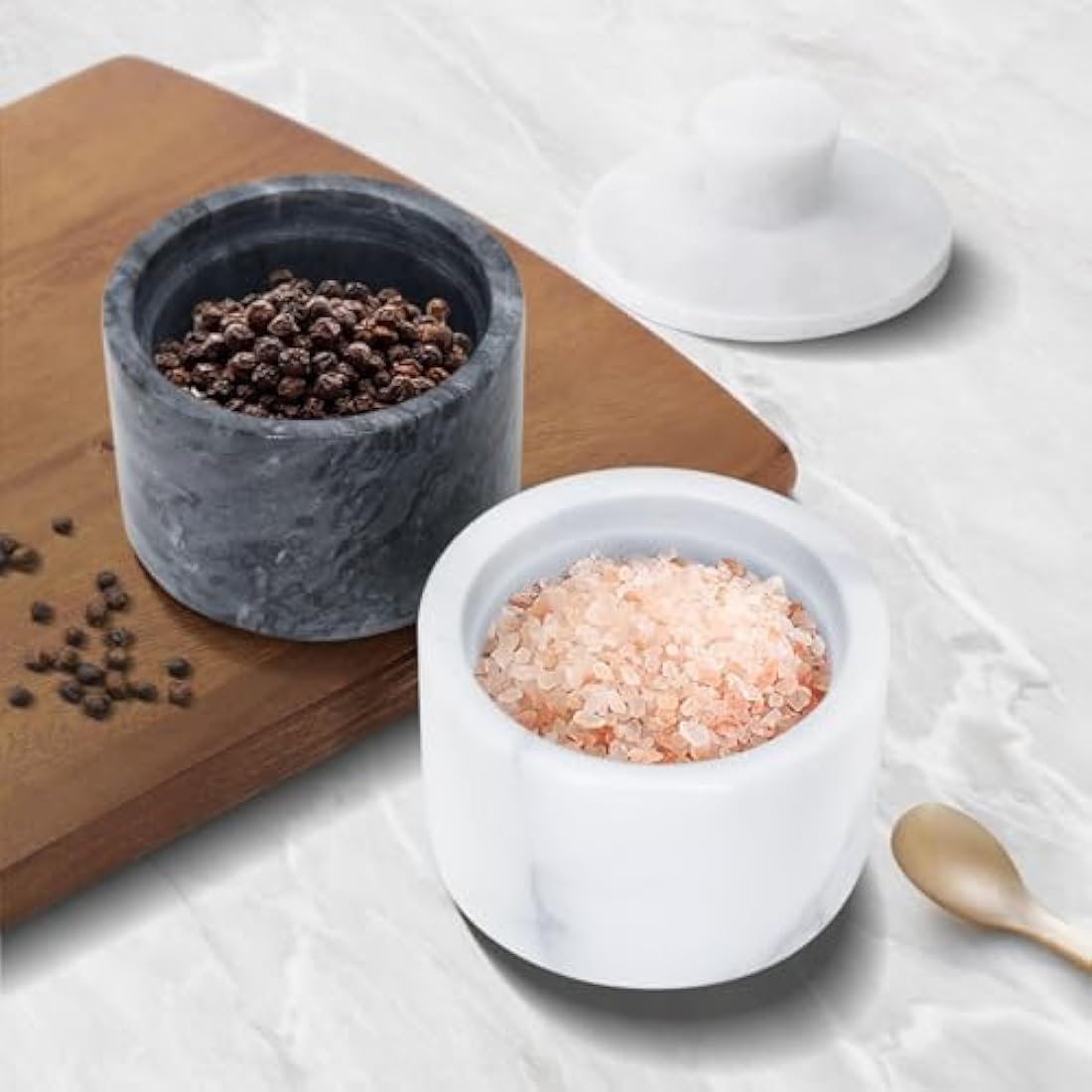 Flexzion Marble Salt Cellar with Lid - Salt and Pepper Bowls Dish Container for Kitchen - Marble Pepper Jar Storage Box Holder for Paprika, Herbs, Sugar, Jewelry & Watches (Set of 2, Black & White)