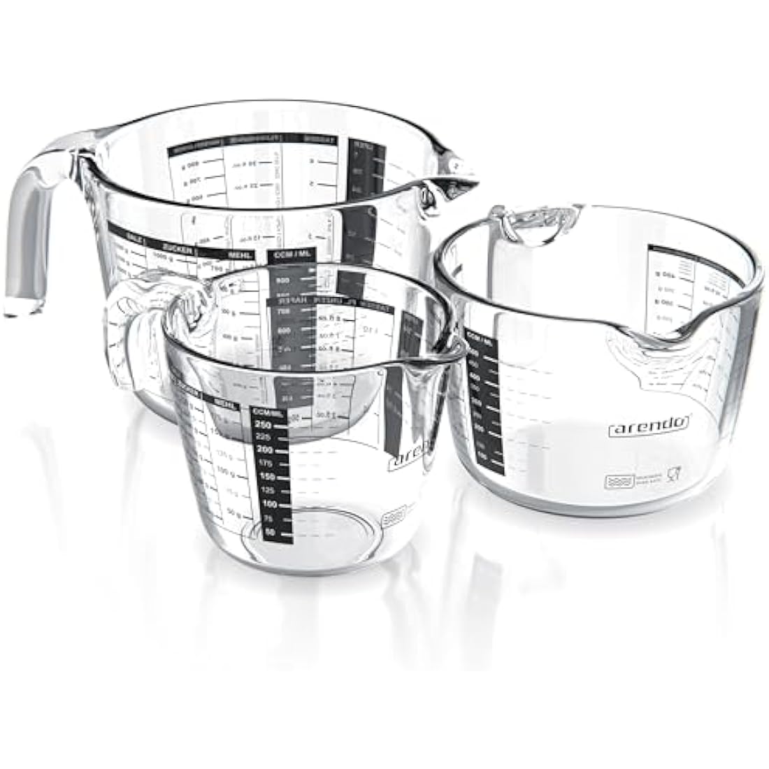 Arendo Set of Glass Measuring jugs, 250ml, 500ml, 1000ml (0.2l 0.5l 1l), Glass Measuring Cup, Transparent Borosilicate - Measuring jug, Accurate Scales, Microwave Safe