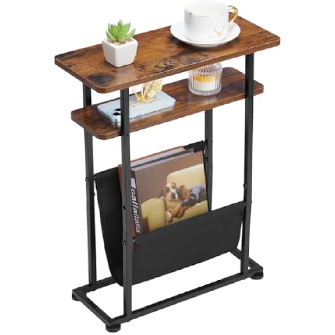 ZEXVIDA Slim Side Table for Small Spaces - 2 in 1 End Table with Magazine Holder - Rustic Brown