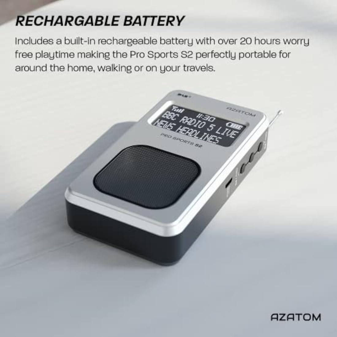 Portable DAB/DAB+ & FM Digital Radio | Sports Earphones Included | Built in Speaker | Rechargeable Battery (10-12 Hours) | Perfect for Sports, Hiking or Working | AZATOM Pro Sports S2 (Silver)