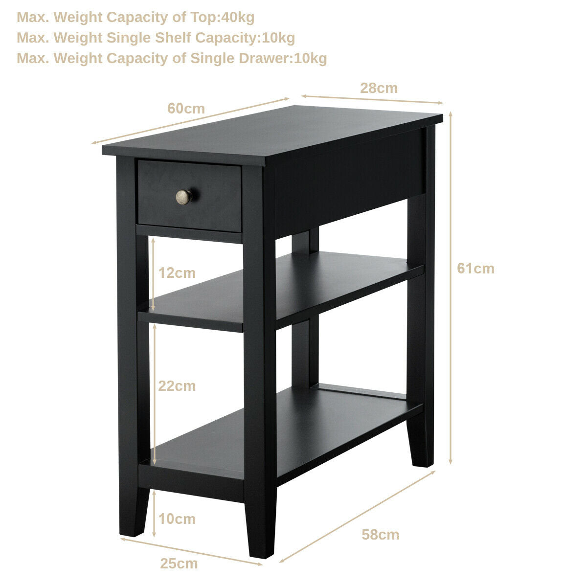 3-Tier End Table with Drawer-White
