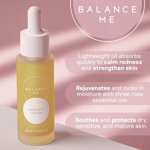 Balance Me Rose Otto Face Oil 30ml, Dry Skin Face Moisturiser with Rosehip, Skin Care for Anti Redness and Acne Scarring, Vegan Cruelty Free