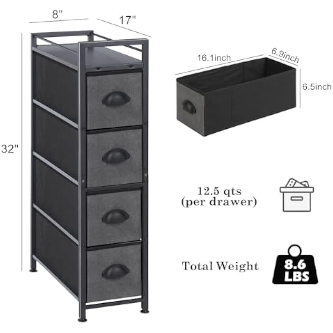 LIANTRAL Vertical Slim Chest of Drawers with 4 Fabric Drawers, Fabric Chest of Drawers Storage Tower Large Capacity Dresser for Bedroom Living Room Bathroom Entrance Narrow Space, Black and Dark Grey