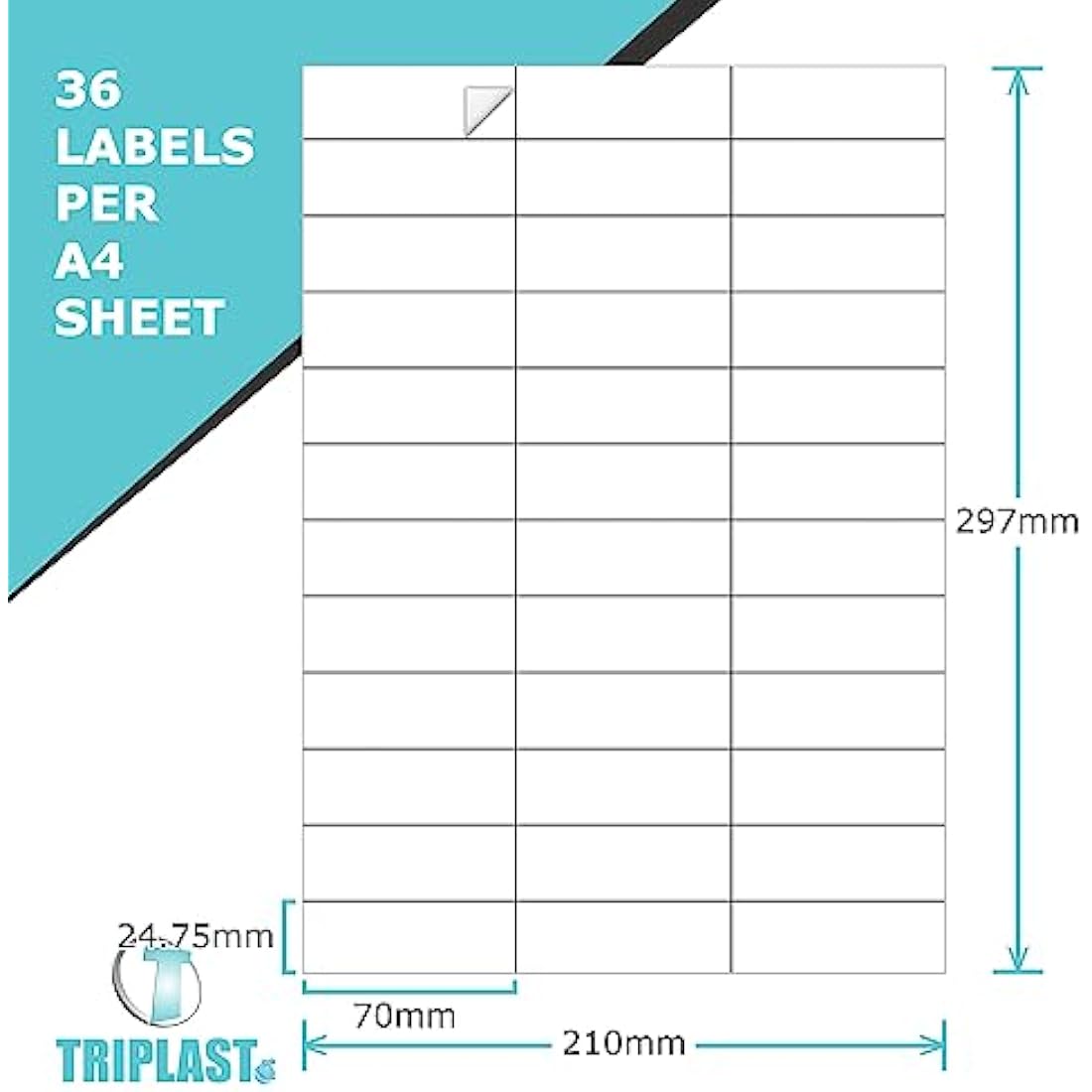 Triplast 50 x Multipurpose A4 Label Sheets - 36 Labels Per Sheet (70 x 25mm Each) - Easy Peel White Labels for Inkjet & Laser Printer - Address Labels, Shipping Labels, File Labels, DIY Stickers