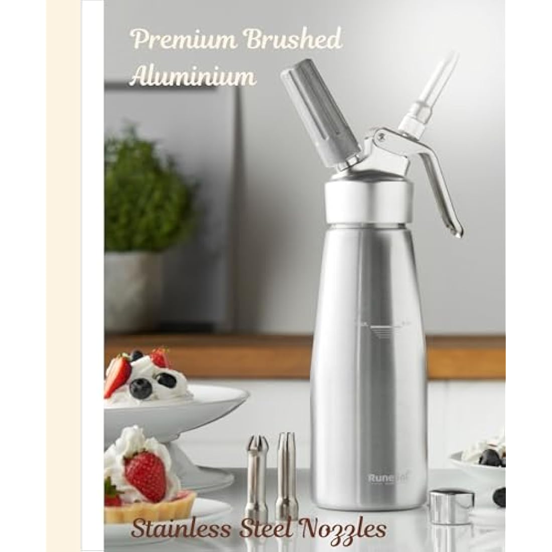 Runesol Professional Aluminium Whipped Cream Dispenser 500ml, Easy Clean Leak Free, 3 Stainless Steel Nozzles, Cream Whippers, Whipping Foam Syphon, Chef Espuma Gun, Whip Cream Desserts, Baking Gift