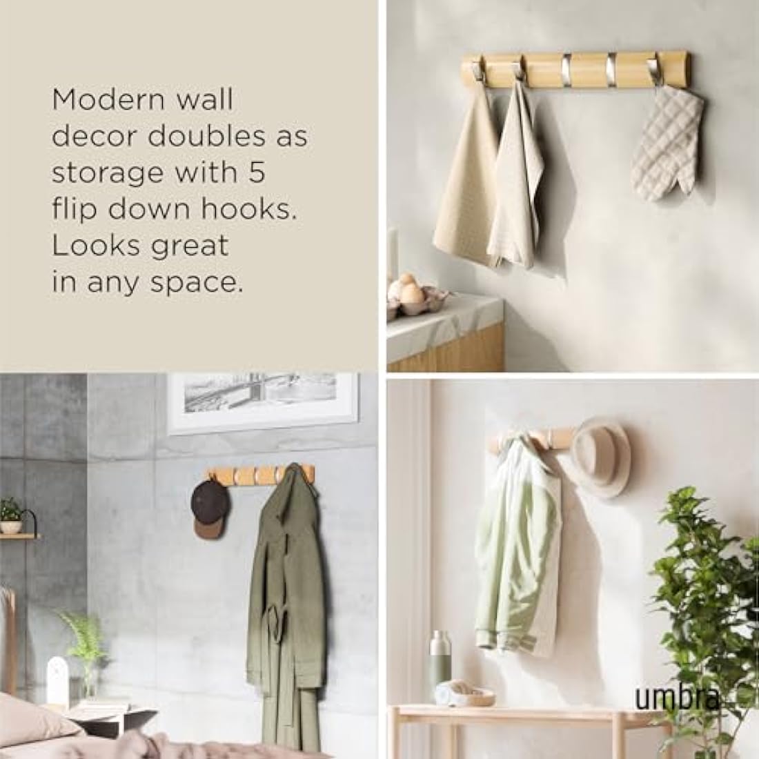 Umbra Flip 5-Hook Wall Mounted Coat Rack, Modern, Sleek, Space-Saving Coat Hanger with 5 Retractable Hooks to Hang Coats, Scarfs, Purses and More, Natural, Natur