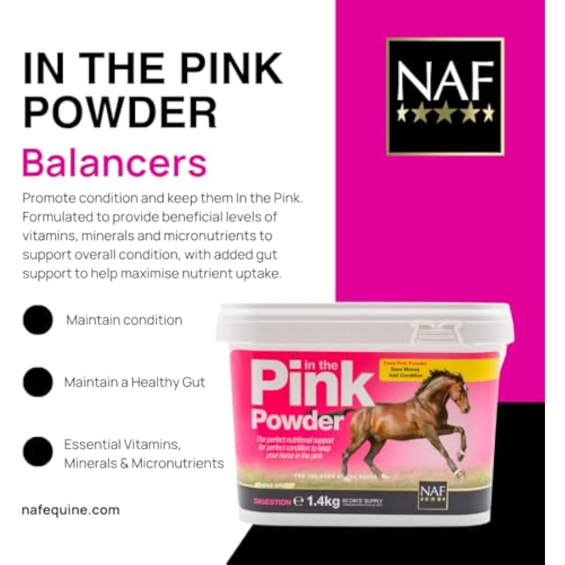 NAF Pink Powder 1.4kg – Nutritional Support for Horses – Prebiotic and Probiotic Supplement with Vitamins and Minerals – Promotes Digestive Health, Condition and Vitality