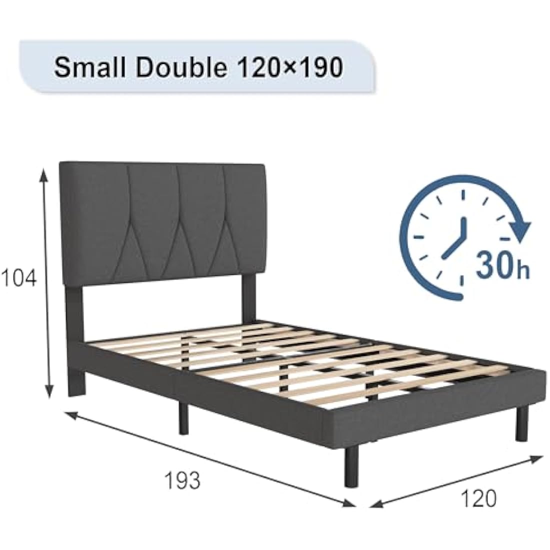 Yocreat Small Double Bed Frame, Dark Grey, Upholstered Wooden Slat Bed Frame with Headboard, Easy Assembly, Underbed Storage, No Box Spring Needed 120×190