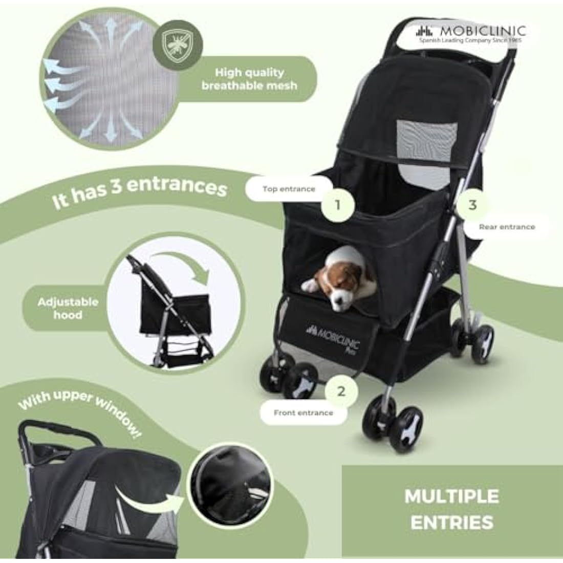 Mobiclinic® Pets Foldable Dog Pram, Up to 15 kg, Ideal for Small Dogs, Pet Stroller, Zuma, Wheels with 360° Brakes, XXL Basket, 3 Windows with Zip and Mosquito Net, Cup Holder (Black)