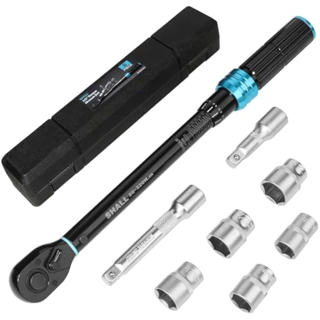 Shall 7-Piece 1/2" Torque Wrench Set, (20-220Nm) Dual Direction Adjustable 72 Tooth for Suitable for car and Motorcycle Maintenance,with Extension Pole and Storage Box