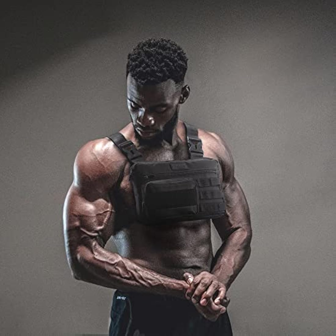 Fitdom Tactical Inspired Sports Utility Chest Pack. Chest Bag for Men with Built-in Phone Holder. This EDC Rig Pouch Vest is Perfect for Workouts, Cycling & Hiking, Black, S, Rig Fit