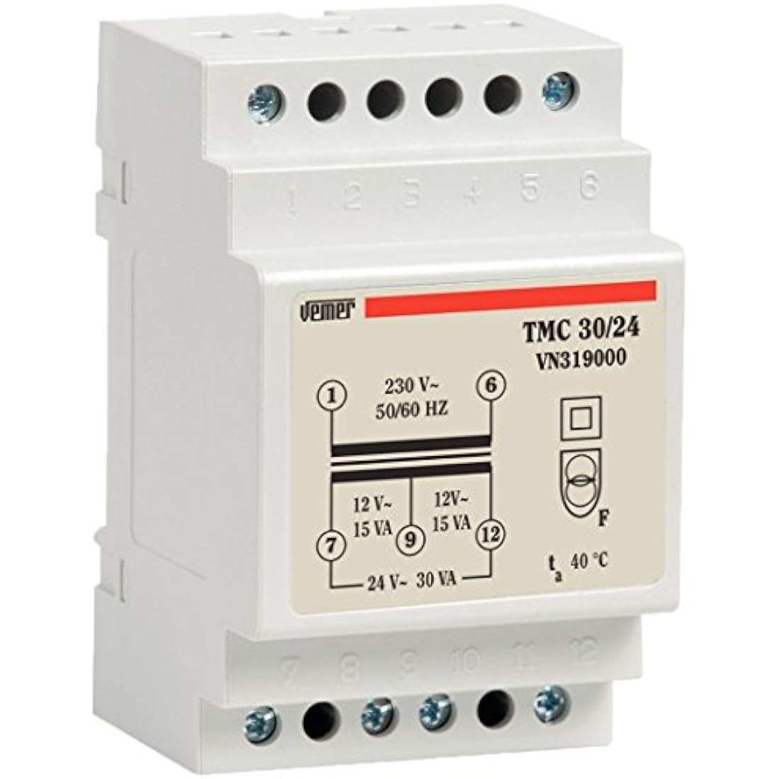 VEMER VN319000 TMC 30/24 Continuous Operation Transformer 230 V/12 – 24 V, Power 30 VA, White