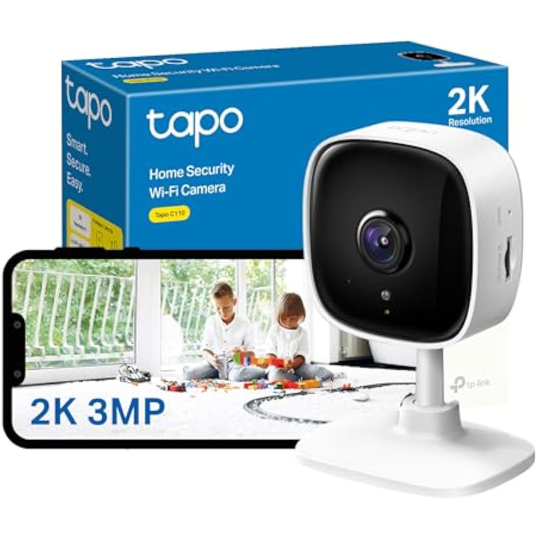 Tapo C110 2K 3MP Indoor Camera House Security, WiFi, No Monthly Fee, AI Detection, Dog Puppy, Baby Monitor, 2-way Talk, Advanced Night Vision, Works with Alexa & Google