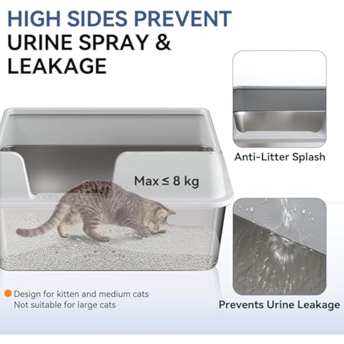 XXL Stainless Steel Cat Litter Tray - High Rim Open Box with Metal Scoop, Easy to Clean