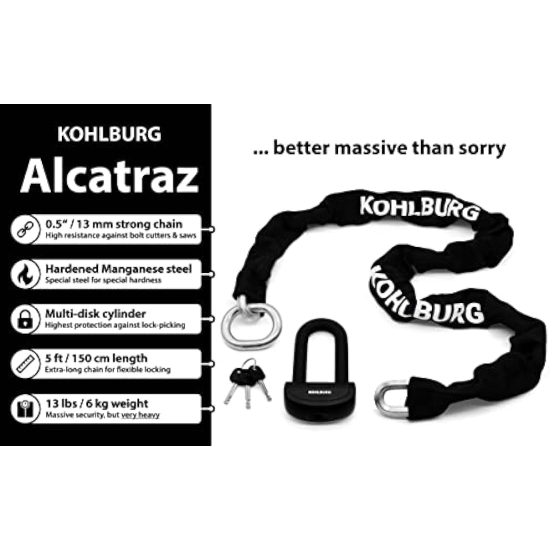 KOHLBURG 6 kg Massive Motorcycle Security Chain Lock - 150cm Long with Our Highest Security Level 10plus of 10 - Heavy Duty 13mm Steel Chain as Anti Theft Motorcycle Lock, Scooter & ebike Lock