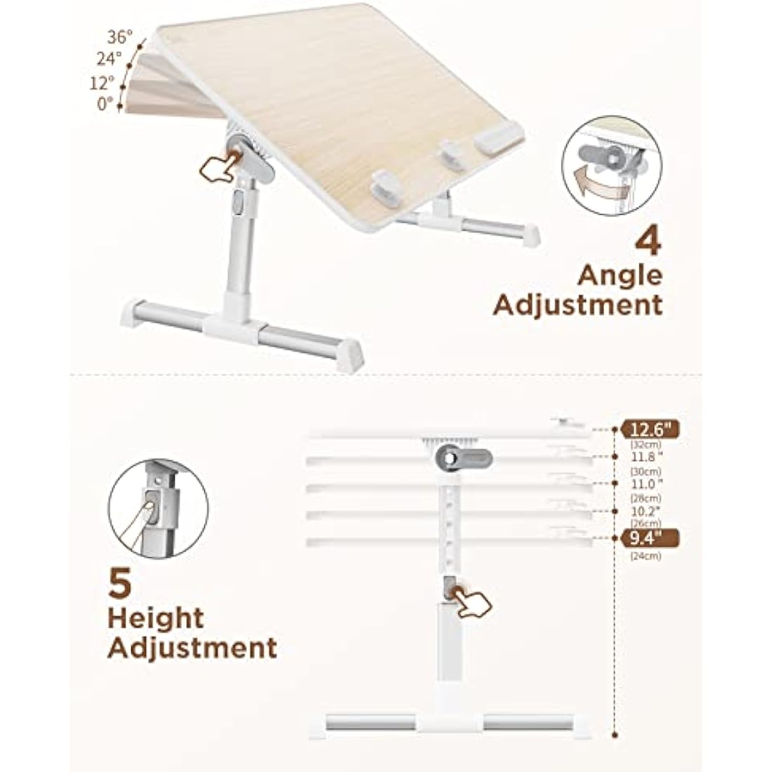 SAIJI Table, Bed Table Height Adjustable, with 4 Adjustable Angles, Foldable Laptop Desk, for Sofa Couch Floor Work Study Reading Writing Breakfast, Fits up to 17'' Laptop (60 x 33 cm, Teak)