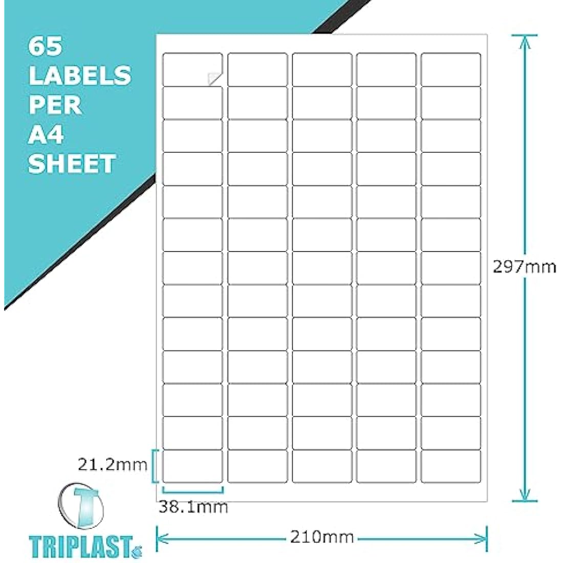 Triplast 50 x Multipurpose A4 Label Sheets - 65 Labels Per Sheet (38 x 21mm Each) - Easy Peel White Labels for Inkjet & Laser Printer - Address Labels, Shipping Labels, File Labels, DIY Stickers
