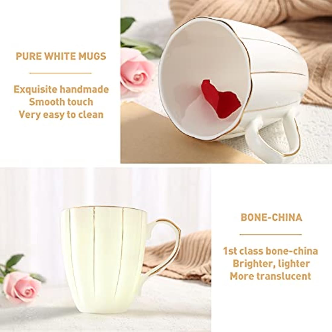 DUJUST Coffee Mug Set of 4(400ml), Luxury British Design with Handcrafted Golden Trims, 1st-Class Bone-China White and Gold Cup Set for Coffee, Tea&Milk, Beautiful&Graceful Top Fine Porcelain Cups