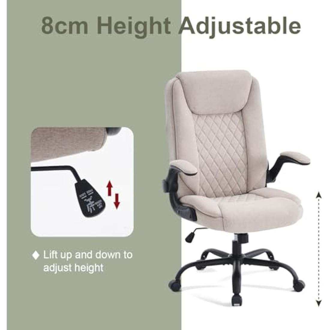 CASTLOVE Ergonomic Office Chair Computer Chair Executive Office Chair with Flip Up Armrest High Back Rocking Function Height Adjustable Comfortable Desk Chair for Home Office Fabric Cream