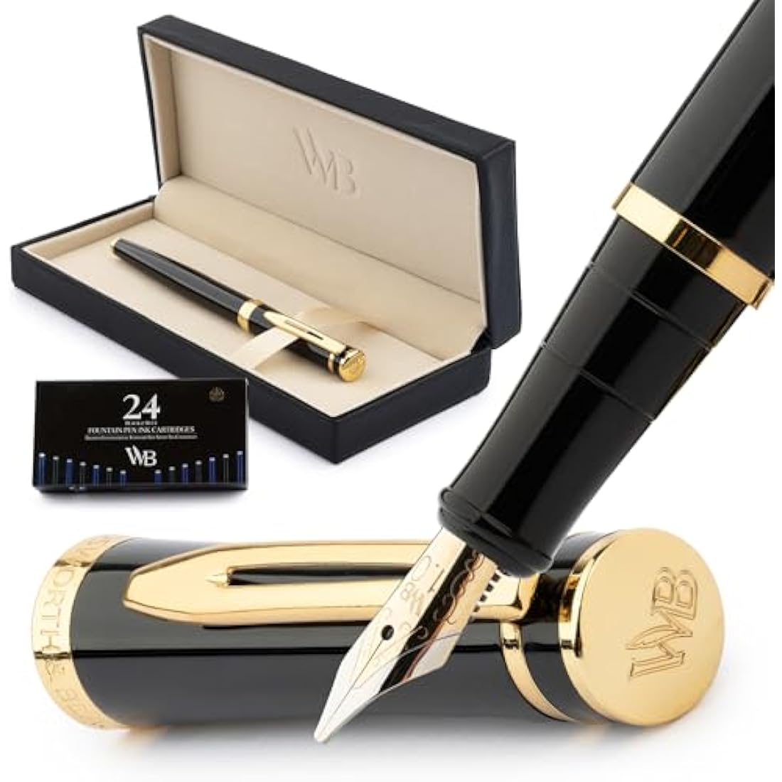 Wordsworth & Black Fountain Pen Set, 18K Gilded Broad Nib, Includes 24 Pack Ink Cartridges, Ink Refill Converter & Gift Box, Gold Finish, Calligraphy, [Black Gold], Perfect for Men & Women