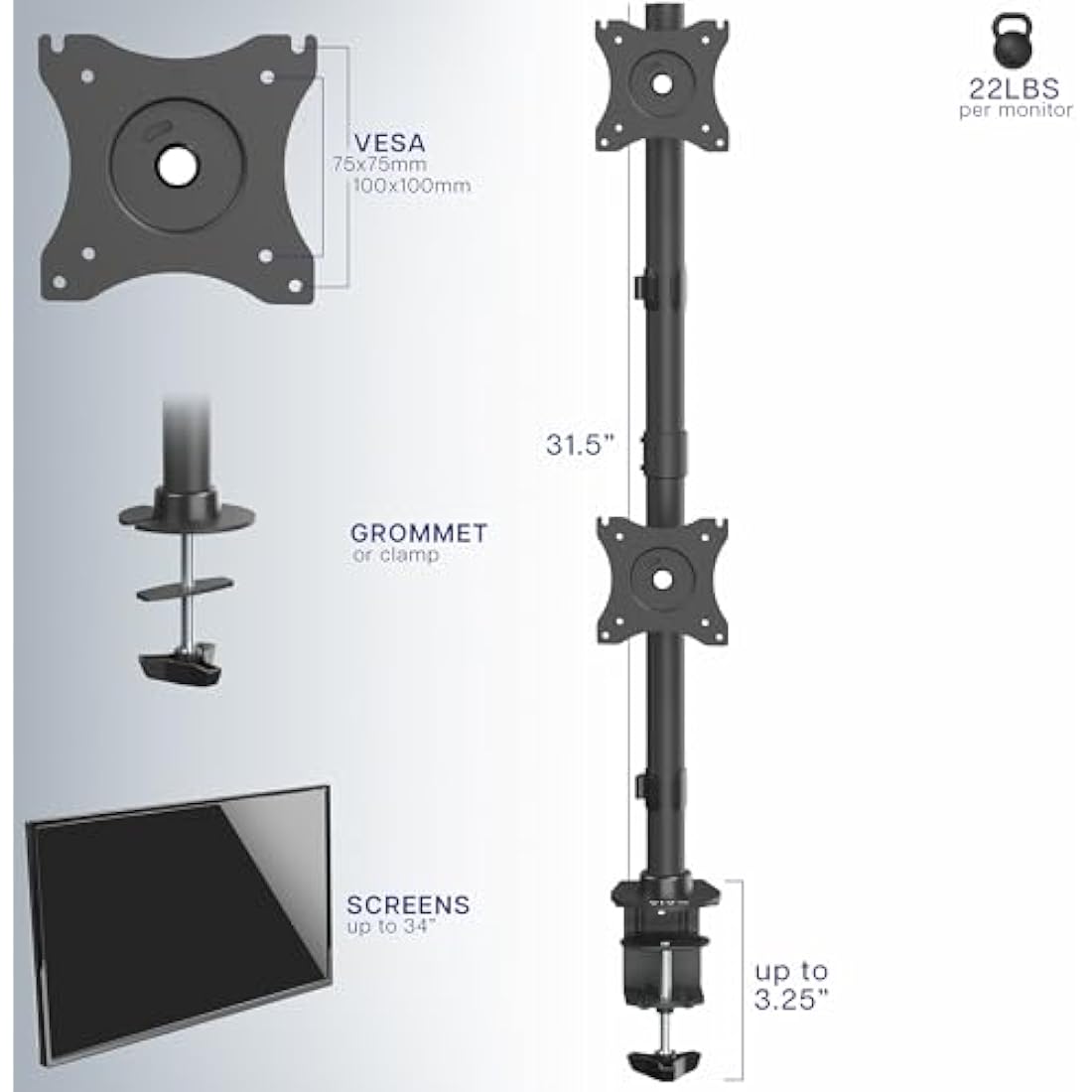 VIVO Dual Monitor Desk Mount Stand with Height Adjustment and VESA Plates for 2 LCD Ultrawide Screens up to 34 inches, Stacked Array, STAND-V002R