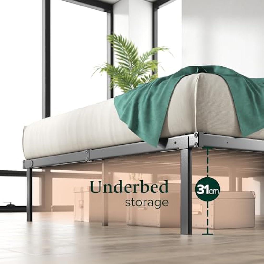 Zinus Caleb Super King Bed frame - Bed 180x200 cm - 36cm Height - Metal bed frame with Underbed storage and steel slat support - Black
