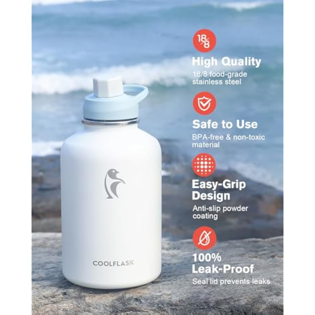 Coolflask 2L Water Bottle Stainless Steel with PU Leather Sleeve, Insulated Water Bottles Color Contrast with Straw Lids, Half Gallon Metal Water Bottle, Keep Cold 48h Hot 24h, Glacier White