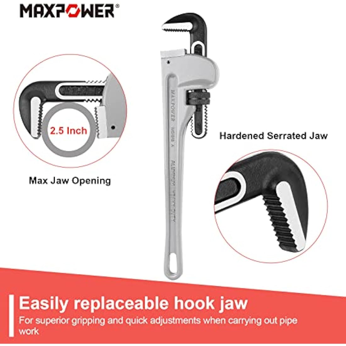 MAXPOWER 18" Heavy Duty Aluminum Pipe Wrench (450mm) – Stillson Plumbing Tool with 60mm Max Jaw Opening – Professional Straight Spanner for Plumbing & DIY