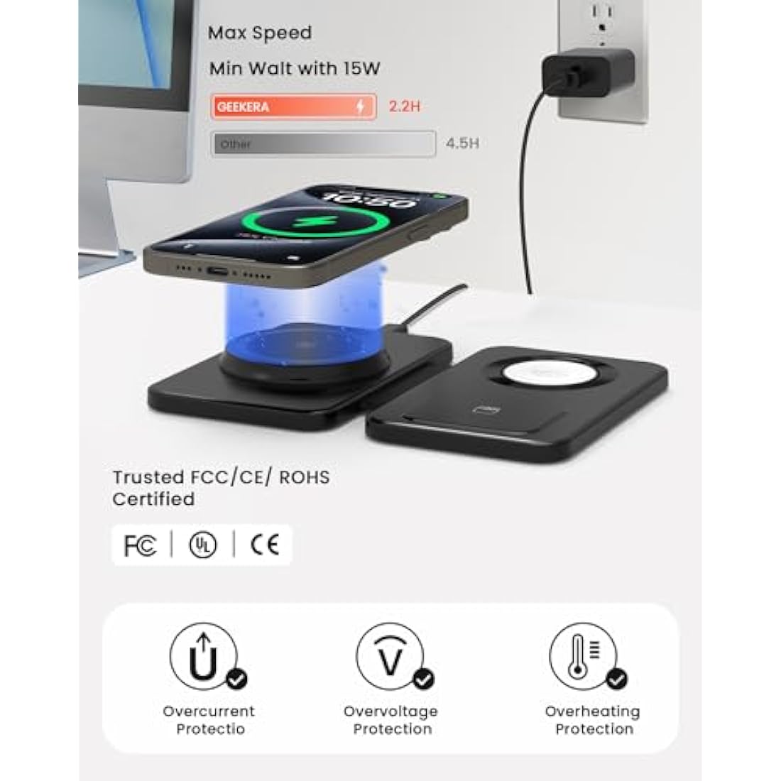 GEEKERA Charger for MagSafe, 3 in 1 Wireless Charging Station for iPhone 16/15/14/13/12/Pro Max, Magnetic Charger Stand for Apple Watch Ultra-2, Multi Travel Charging Dock for AirPods Pro 2-2-Black