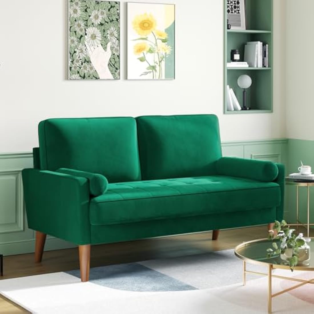 Vesgantti Small 2 Seater Sofa Green, Comfy Couch with Spring Cushion, Velvet Sofa with Wood Legs, Modern Love Seat Sofa 2 Seater for Living Room, Small Couch for Bedroom, Green Office Couch