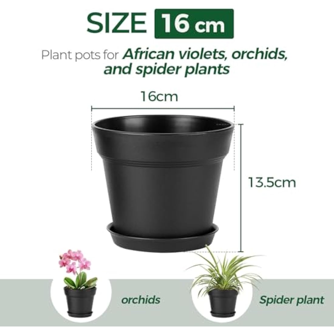 T4U Plastic Plant Pots 6-Pack, Flower Pot with Drainage Hole and Saucer, Classic Indoor Outdoor Plant Pots for Succulent, Snake Plant, Aloe Vera and All House Plants (16CM Opening Diameter, Black)