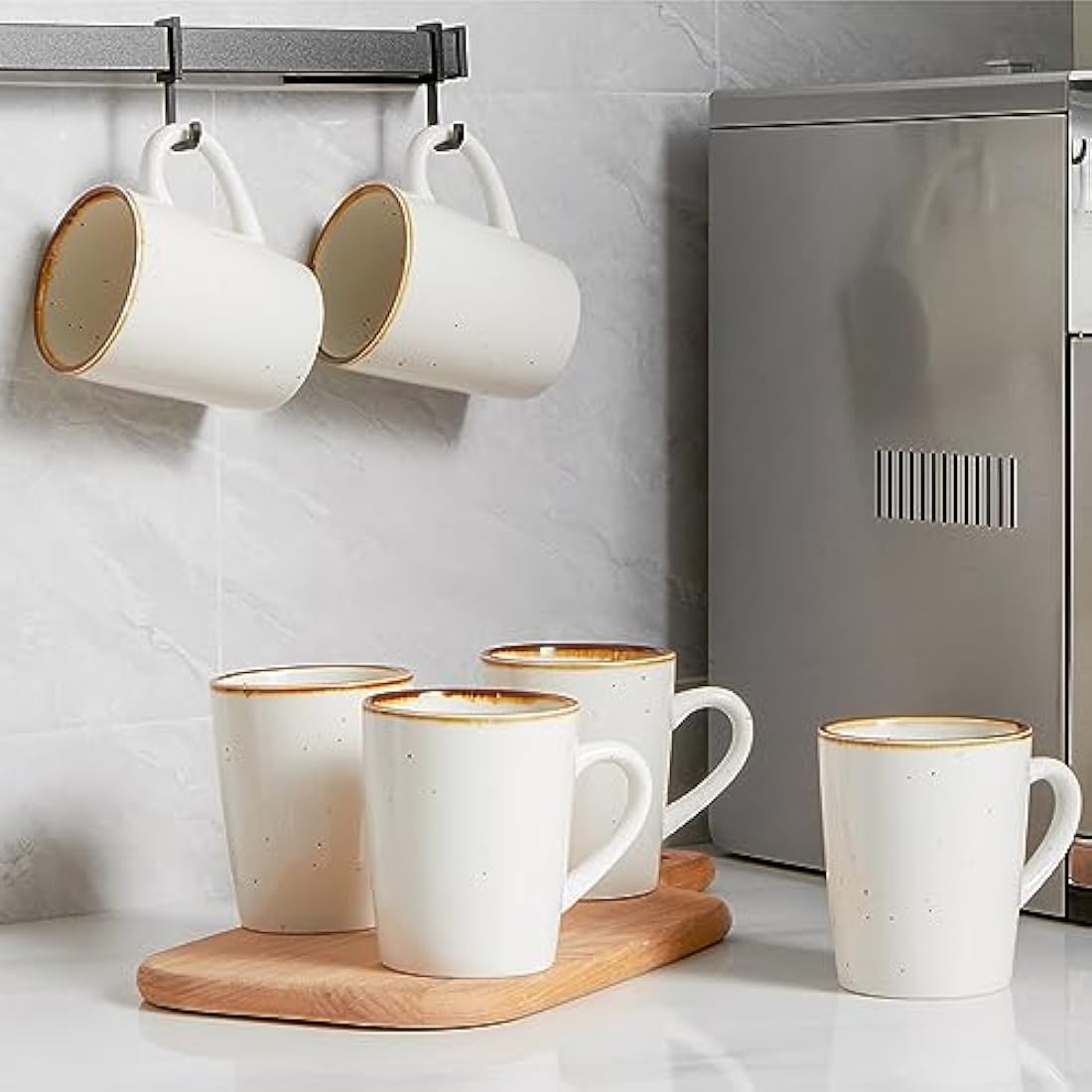 ONEMORE Porcelain Coffee Mugs Set of 6, 360ml Cream Mugs with Handle, Ceramic Coffee Cups Set for Tea, Milk, Juice, Hot Chocolate, Latte, Speckled Design