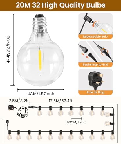 ZYRIVON Outdoor Lights Mains Powered, 20M/66Ft 30+2 LED Garden Lights, Shatterproof Waterproof Outside Lights, Warm White String Lights for Garden, Yard, Wedding, Christmas, Gazebo, Fence, Roof, Party