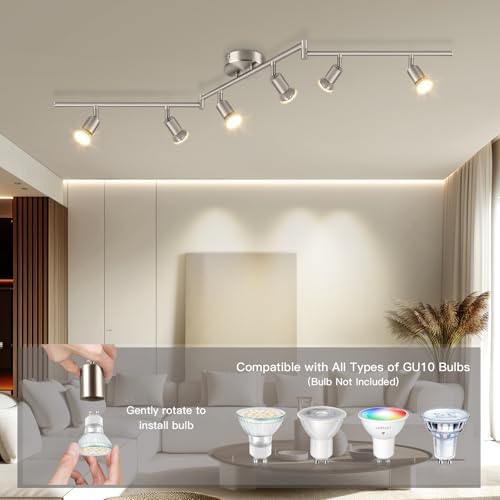 Dehobo Ceiling Spotlight Rotatable - Matte Nickel 6 Way GU10 LED Ceiling Light 350° Swivelling Adjustable Modern for Kitchen Living Room Bedroom, No Bulbs
