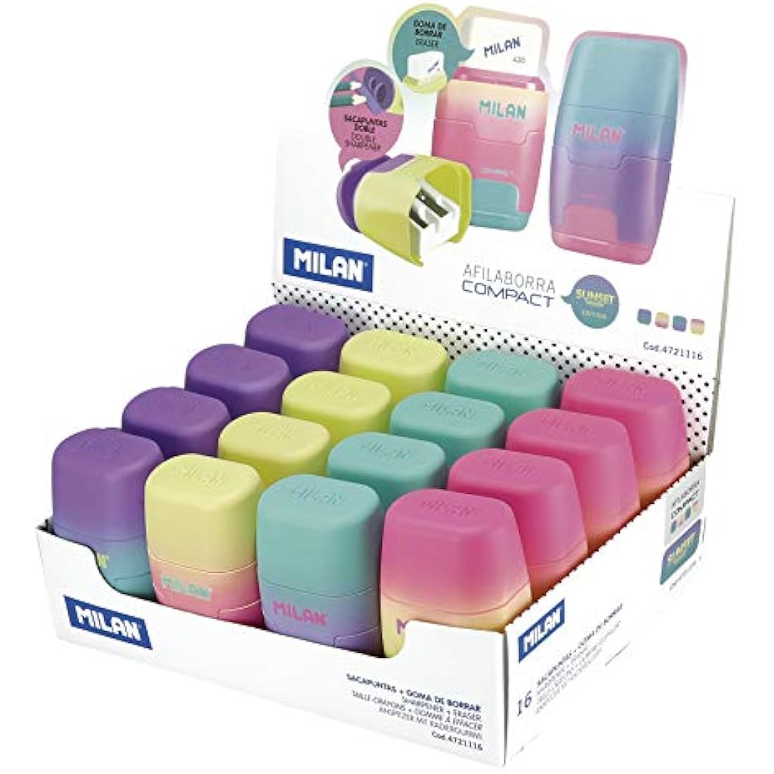 MILAN Compact Sunset Plastic Pencil Sharpener 2 Uses with Eraser Assorted Colours