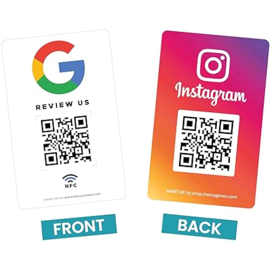 MESSAGENES | PVC Card Review Us on Google QR Code and NFC + Instagram | NFC Business Card Google Reviews + Instagram | Reusable QR Code for Reviews and Followers | Pack 2 Units | Reviews and Followers