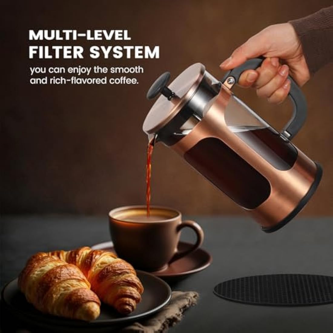 KOOYAT Cafetiere French Press Coffee Maker with Capacity of 1000ml / 6 cup Large Coffee Press for Ground Coffee in Home Office or Travel Heat-Resistant Caffettiera Gift Set for Women and Men Copper