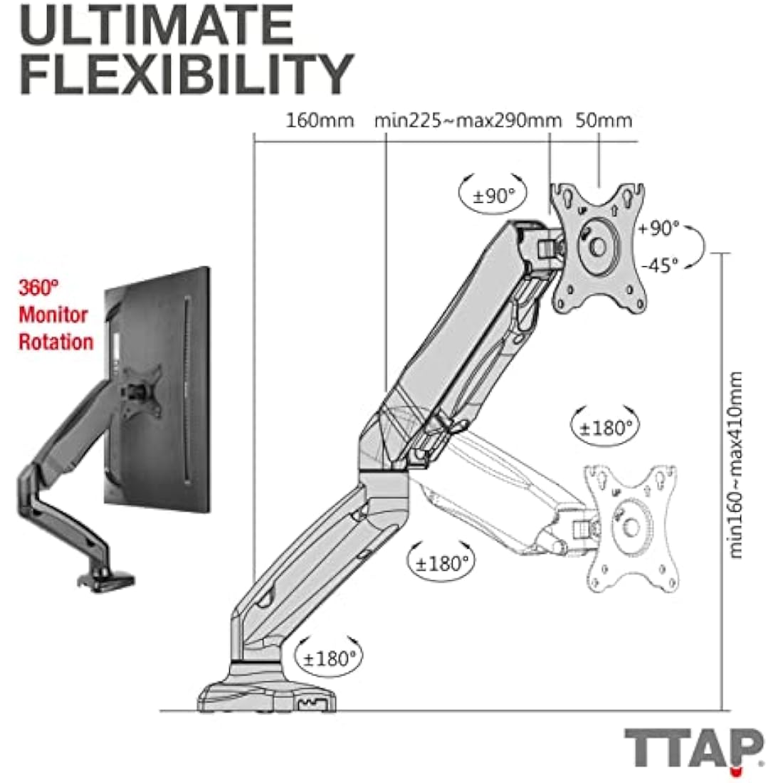 TTAP Single Gas Spring Monitor Arm Desk Mount Height Adjustable Fits 17” to 32" Monitors Maximum 9KG weight with VESA 75x75 and 100x100mm Clamp and Grommet Base Full Motion Monitor Mount