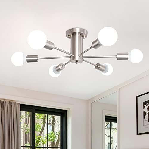 MRHYSWD Sputnik Ceiling Light Nickel Modern Light Fittings Ceilings, 6 Lights Vintage Ceiling Lamp Industrial Ceiling Lights Living Room Bedroom Kitchen Hallway Bath, Without E27 Bulbs