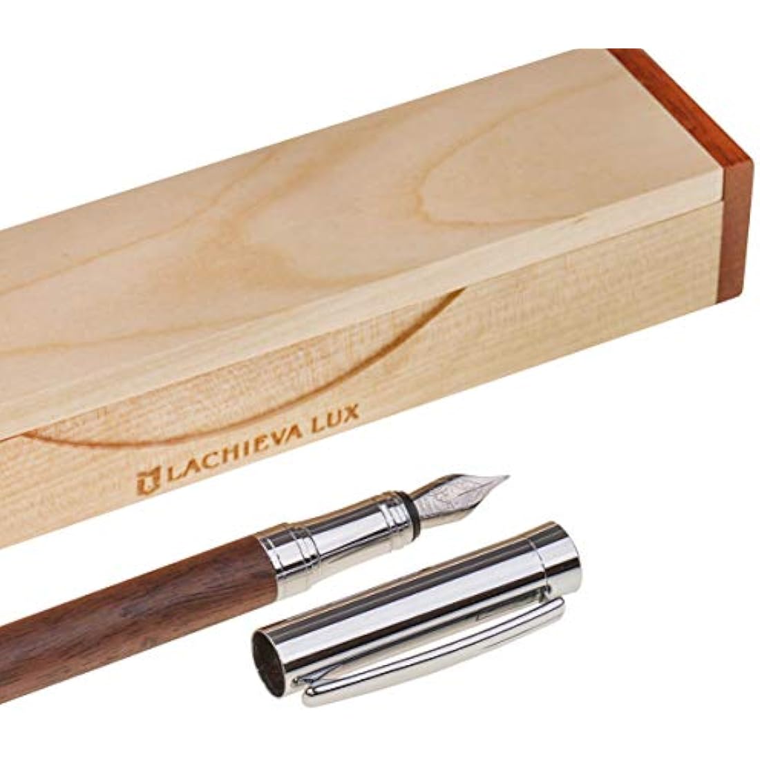 LACHIEVA Luxury Walnut Fountain Pen, Nice Pen with German-made Fine Nib, Converter, Cartridges. Nice Wood Pen Set for Men & Women. Best and Professional, Executive, Office Gift