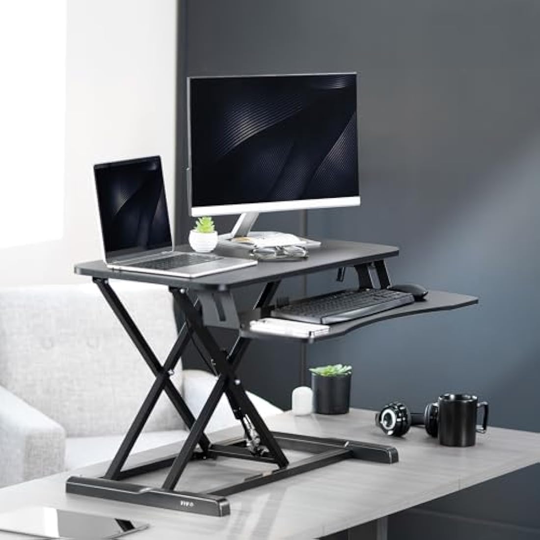 VIVO Standing 81 cm Desk Converter, Height Adjustable Riser, Sit to Stand Dual Monitor and Laptop Workstation with Wide Keyboard Tray, Black, DESK-V000K