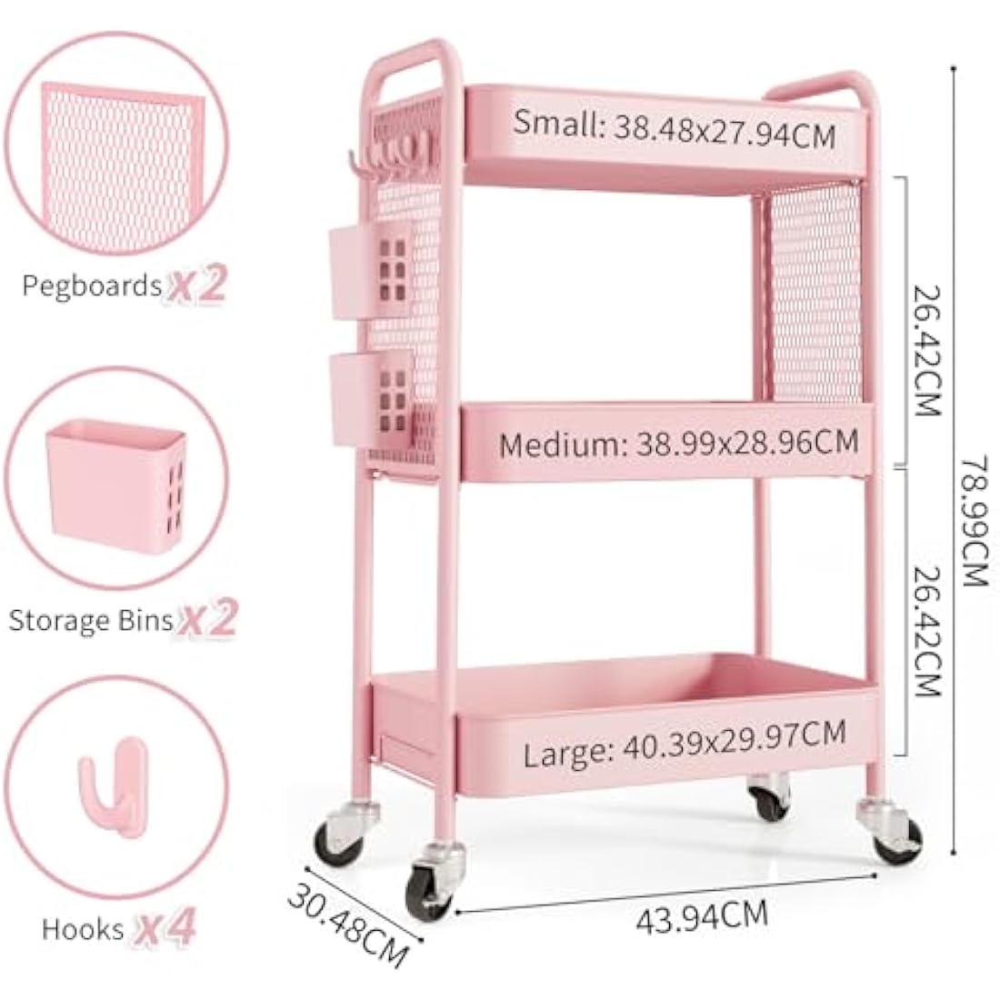 Urackify Storage Trolley on Wheels for Variety Applications, 3 Tier Trolley with Extra DIY Pegboards,Handing Bins, and Hooks for Living Room, Kitchen, Bathroom, Office, Classroom, Pink