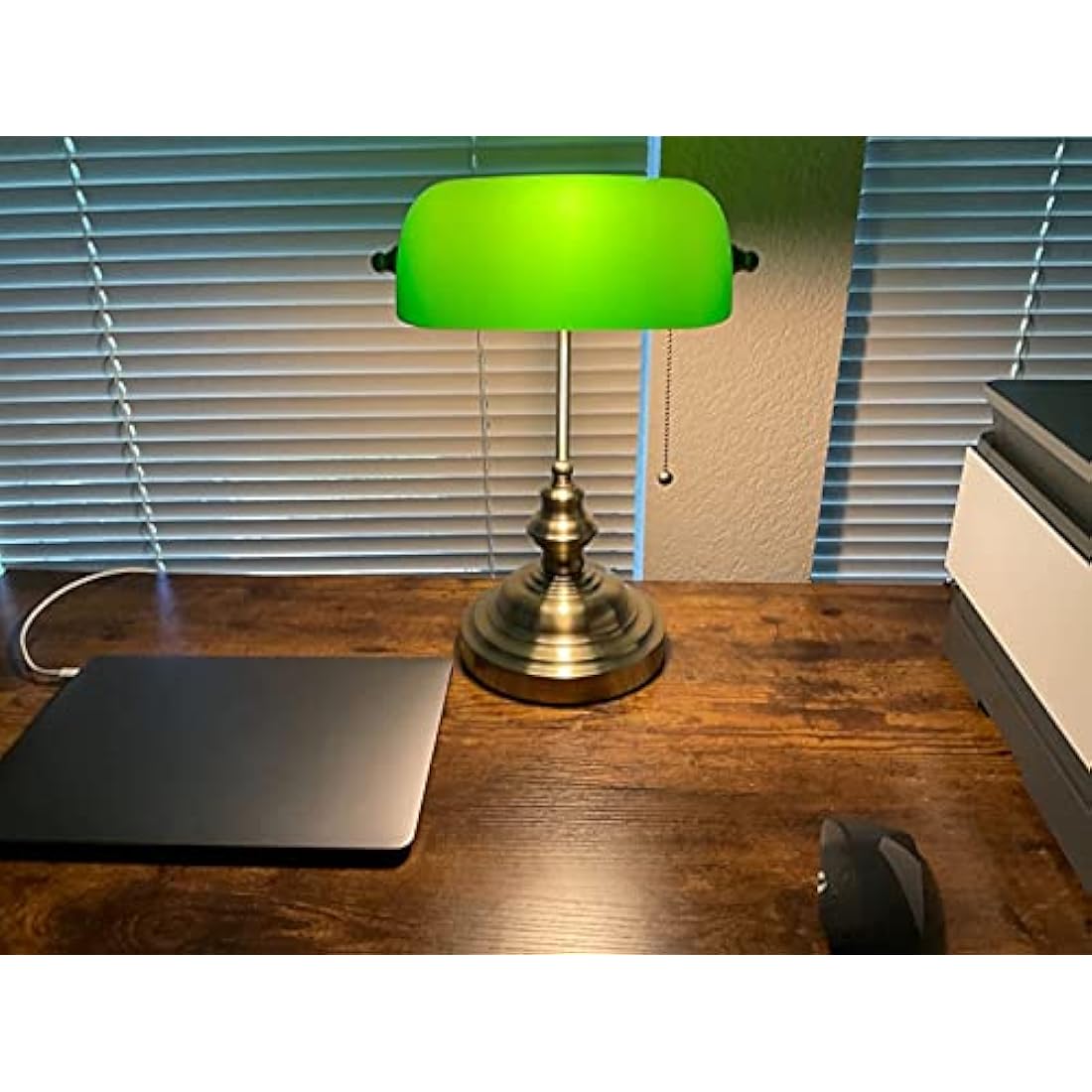 Newrays Green Glass Bankers Desk Lamp with Pull Chain Switch Plug in Fixture,Satin Brass Finish