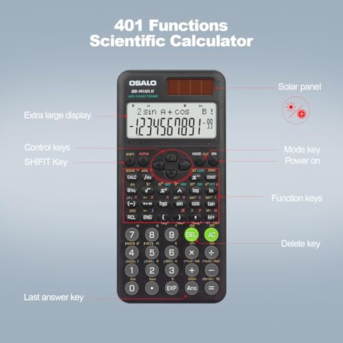 OSALO Scientific Calculator 401 Function 2-line Display 10+2 Digits Solar and Battery Calculator with Slide-on Cover for Secondary School Black (OS 991MS 2nd Edition)