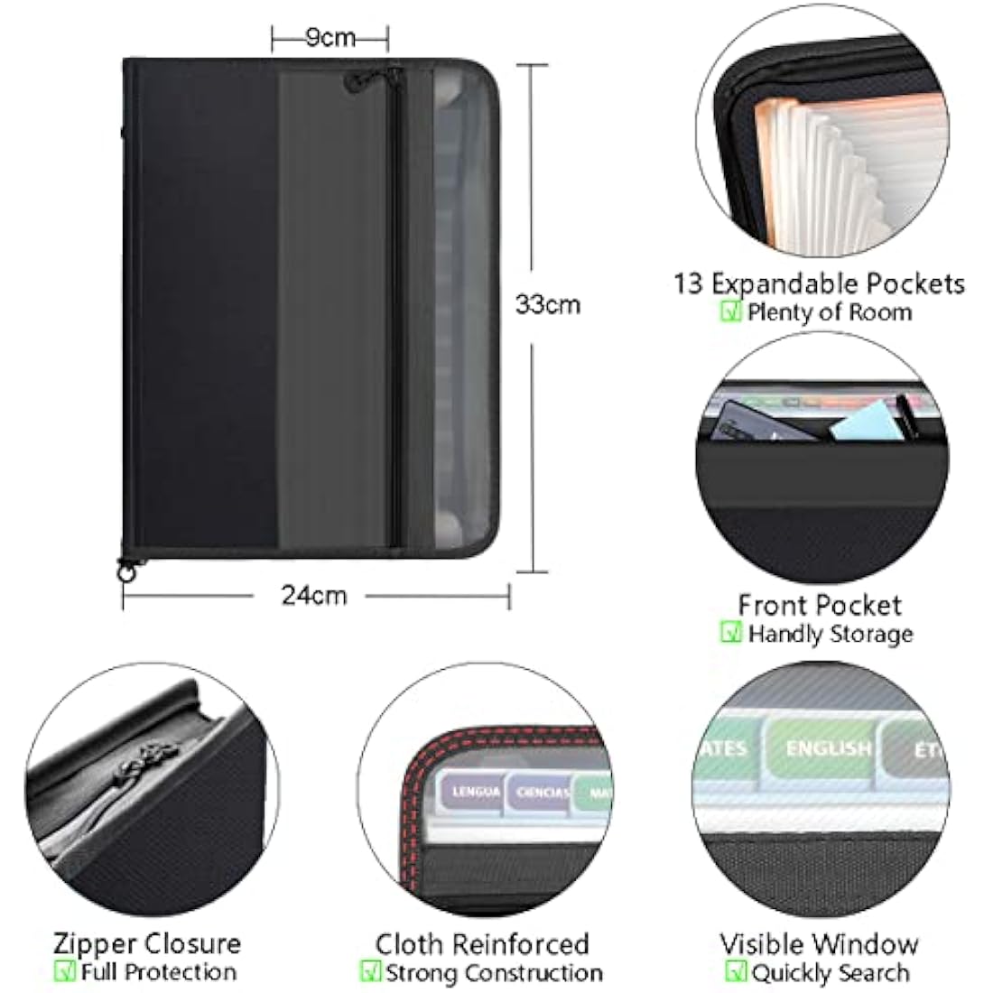 TRANBO 13 Pockets Expanding File Folder with Zipper Closure, A4 Plastic Document Wallet Organizer with Handy Front Pocket for Personal Office Stationary Storage